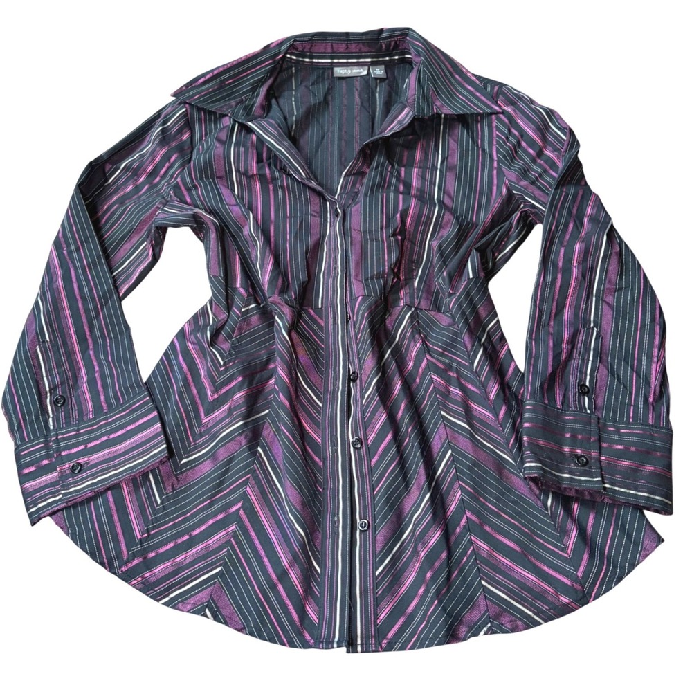 Y2K Goth Babydoll Striped Button Down Blouse Black Purple Peplum Top Womens Med